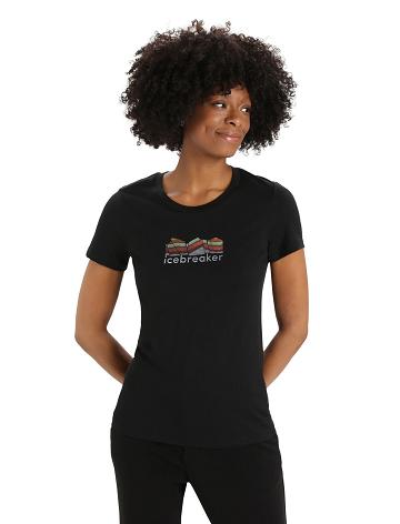 Women's Icebreaker Merino Tech Lite II Short Sleeve Mountain Geology T Shirts Black | CA 1337TCEV